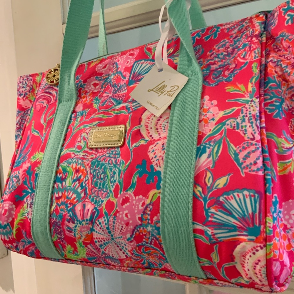 Lilly Pulitzer Coral Floral Tote with Mint Straps